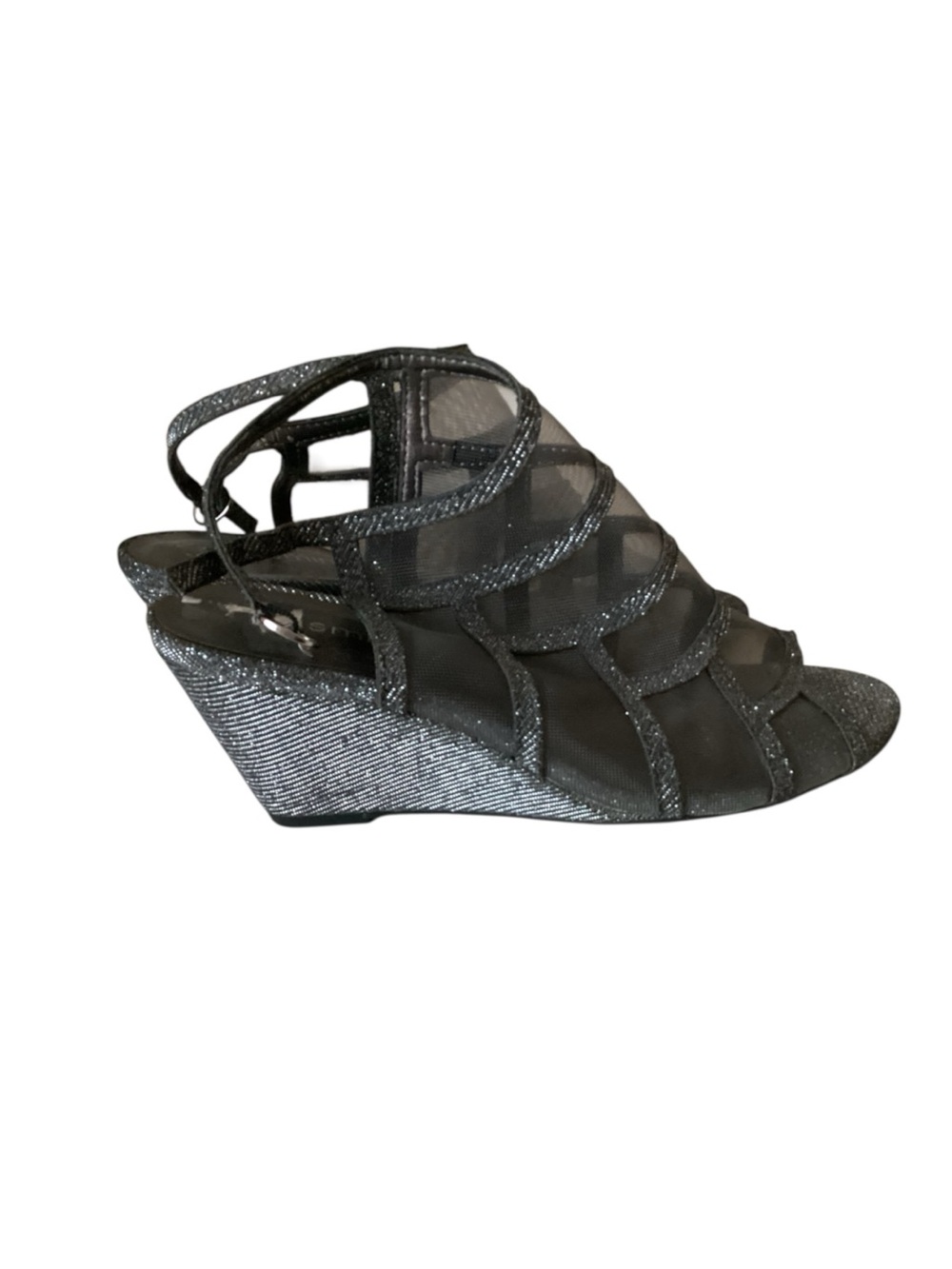 Jasmine Black Silver Mesh Strappy Wedge Sandals - Women's size 7